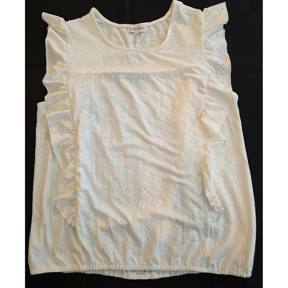 Luxology Bubble Hem Top Women L White Ruffle Eyelet Sleeveless Blouse Soft Comfy